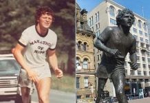 Terry Fox, un paciente de cáncer que corrió 3,339 millas a través de Canadá en solo 143 días antes de morir.